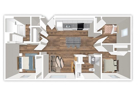 Floor plan for 3 beds, 2 baths, 1050 sqft